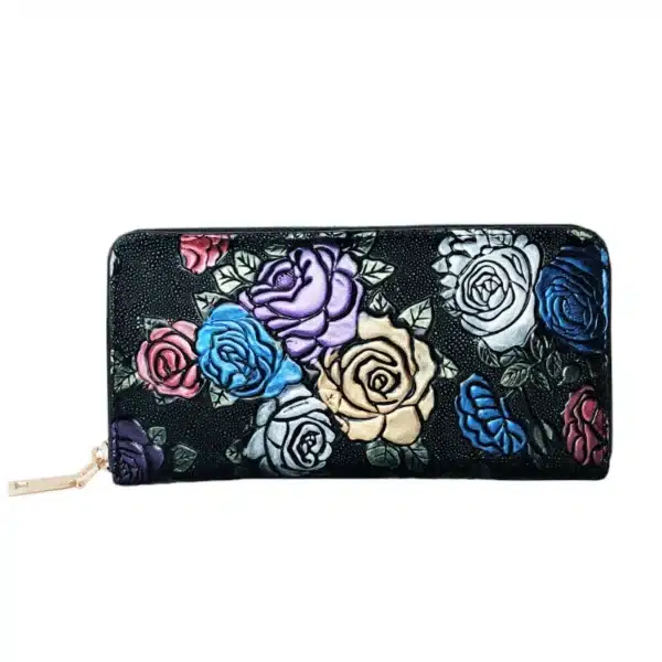 Portefeuille pour sac à main noir avec des motifs de roses multicolores en relief